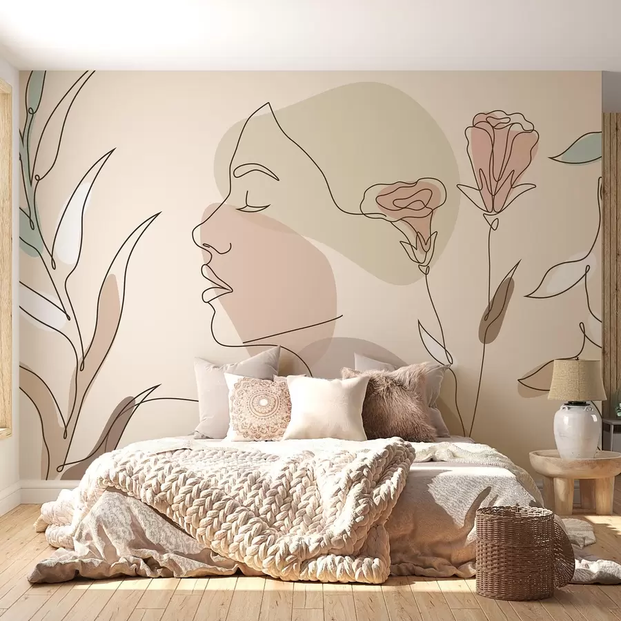 murales de pared Chica con líneas, flores de colores w02543