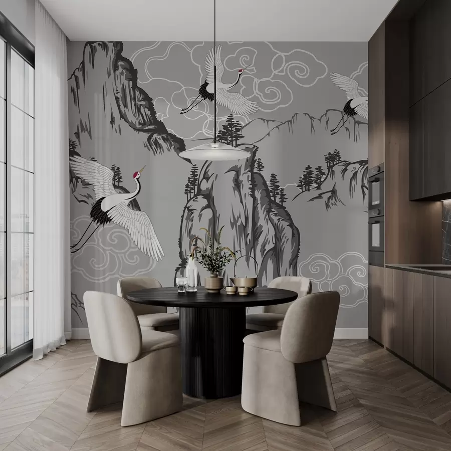 murales de pared Montañas y grullas de estilo japonés, en tonos grises w02544v1