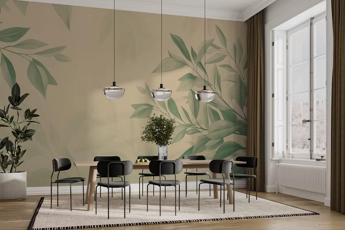murales de pared Hojas verdes con un suave fondo beige cálido w08499v2