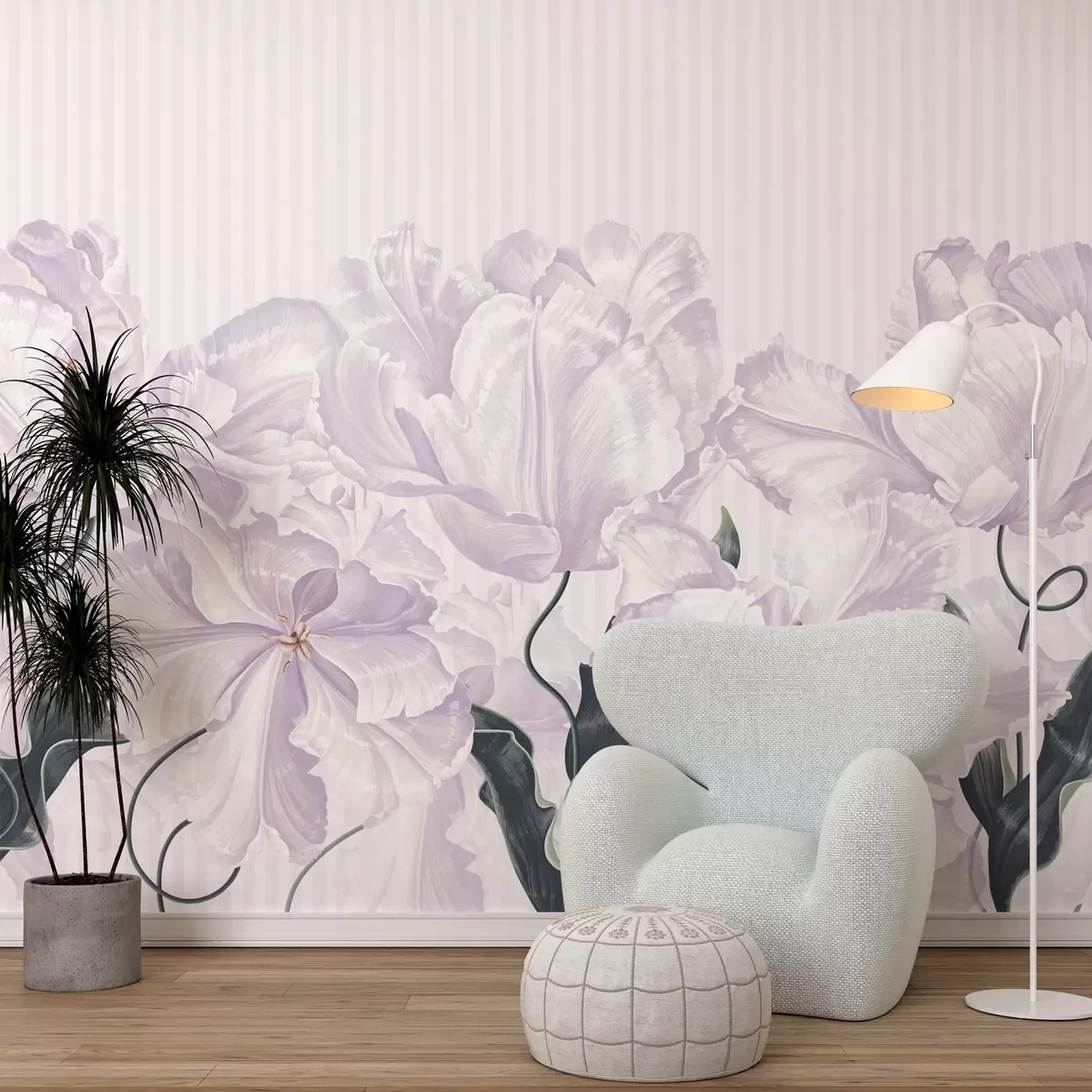 murales de pared delicadas flores rosadas sobre un fondo rayado w02565