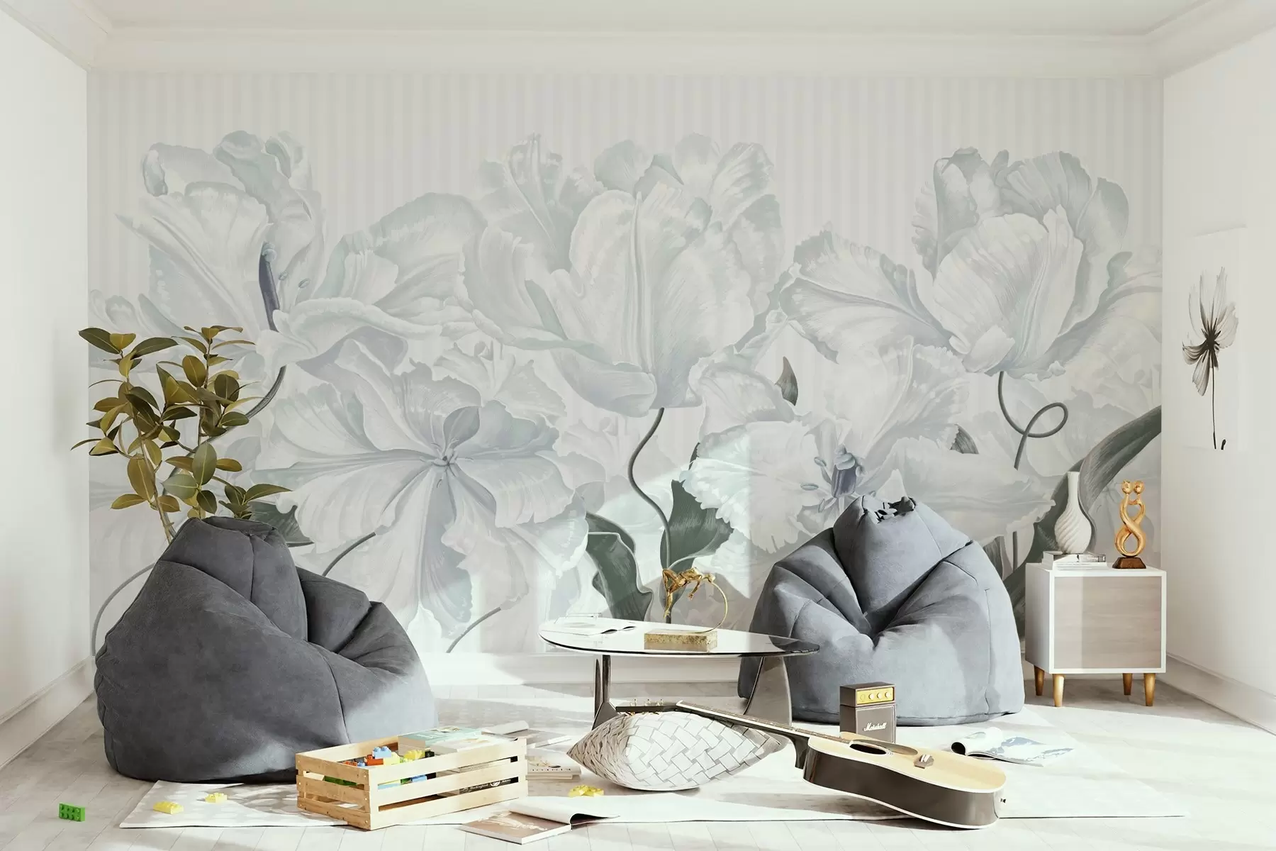 murales de pared delicadas flores grises sobre fondo de rayas w02565v1