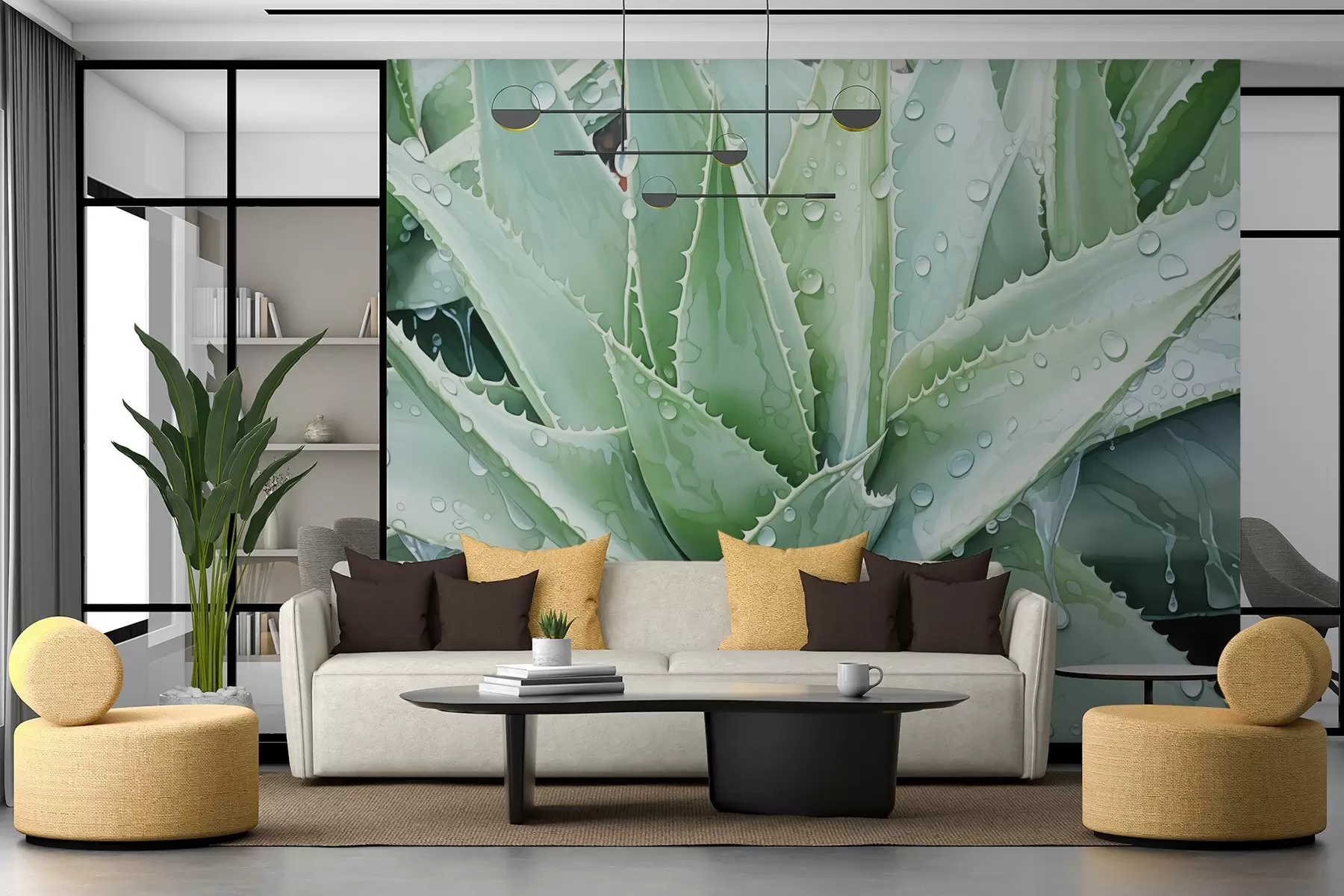 murales de pared Gotas de rocío sobre aloe imitación acuarela w02503