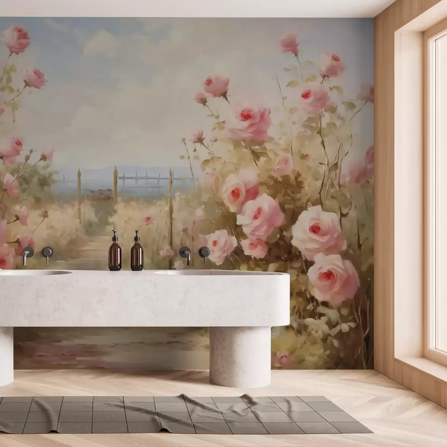 murales de pared Jardín con rosas imitación de trazos de pintura w02590