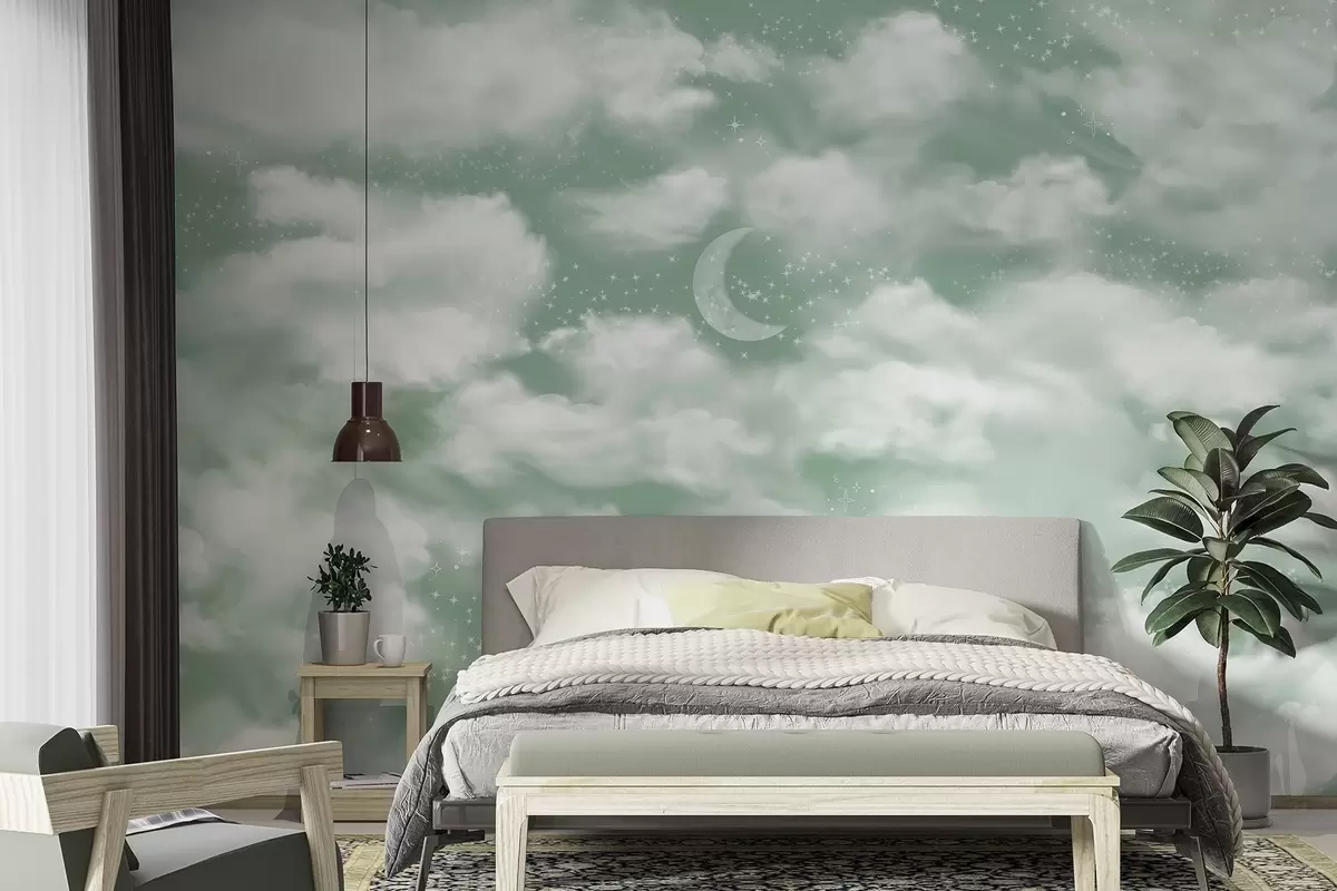 murales de pared Cielo estrellado con luna y nubes, soñador, etéreo, colores verdes suaves w02515v2