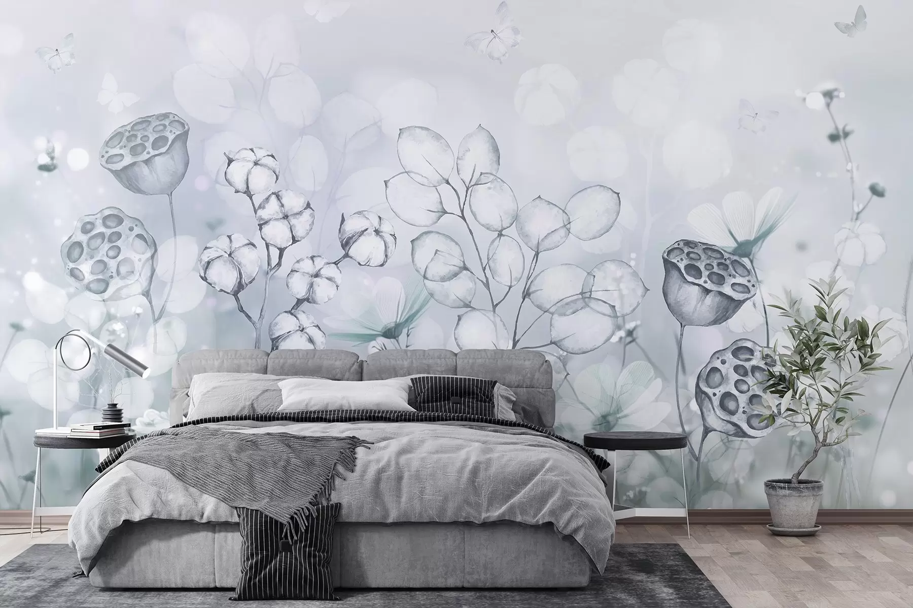 murales de pared Jardín de flores de ensueño, mariposa, flores de algodón, lotos, colores grises w02516v2