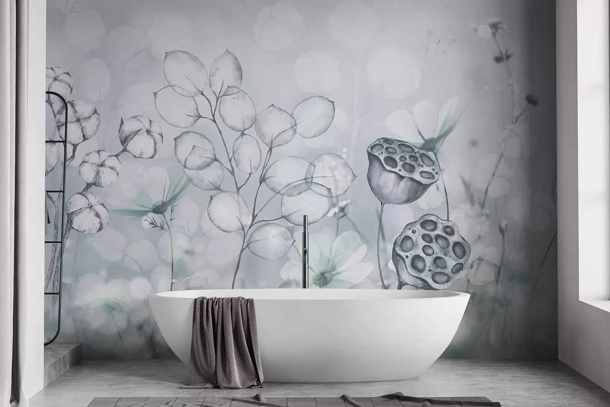 murales de pared Jardín de flores de ensueño, mariposa, flores de algodón, lotos, colores grises w02516v2