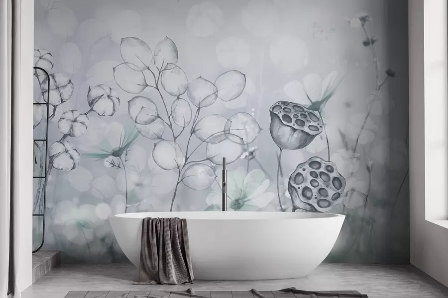 murales de pared Jardín de flores de ensueño, mariposa, flores de algodón, lotos, colores grises w02516v2