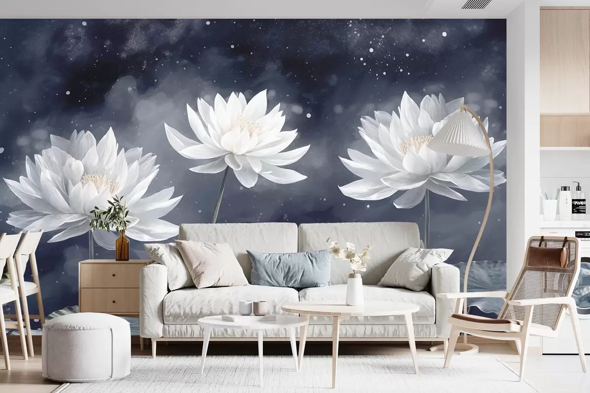 murales de pared Tres flores de loto sobre fondo oscuro w08506