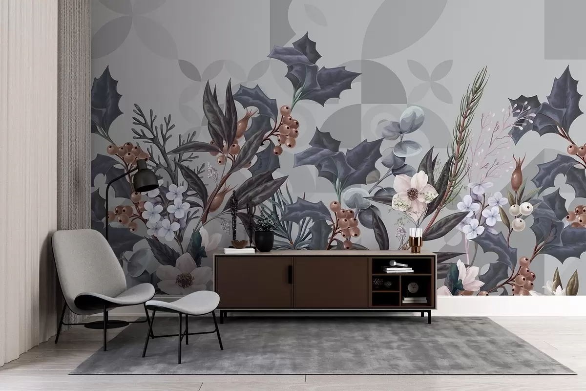 murales de pared Arreglo floral con grandes hojas oscuras, flores y bayas sobre un fondo abstracto geométrico gris apagado  w08525