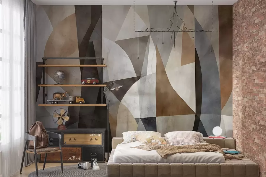 murales de pared Arte moderno abstracto de formas geométricas texturadas en tonos marrones, grises y beige w08530