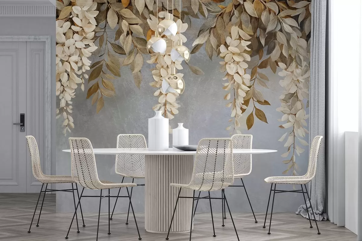 murales de pared Delicadas flores de glicinia blancas y beige claro con follaje en cascada sobre un fondo gris suave w08531