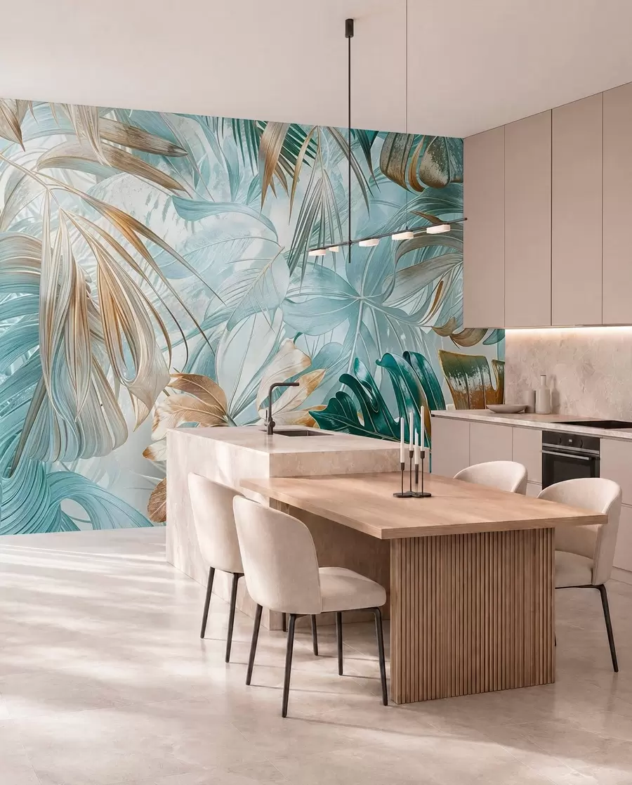 murales de pared Un estampado floral abstracto tropical con grandes hojas de palmera en tonos azules y beige crea un ambiente exuberante w08532