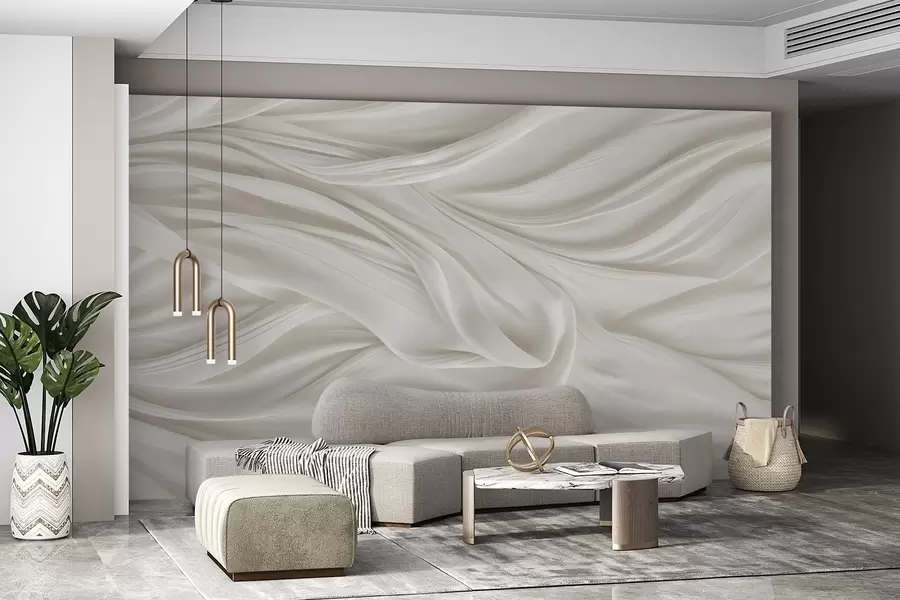 murales de pared Estampado moderno con imitación de tela blanca lisa y fluida con pliegues suaves y ondulantes w08537