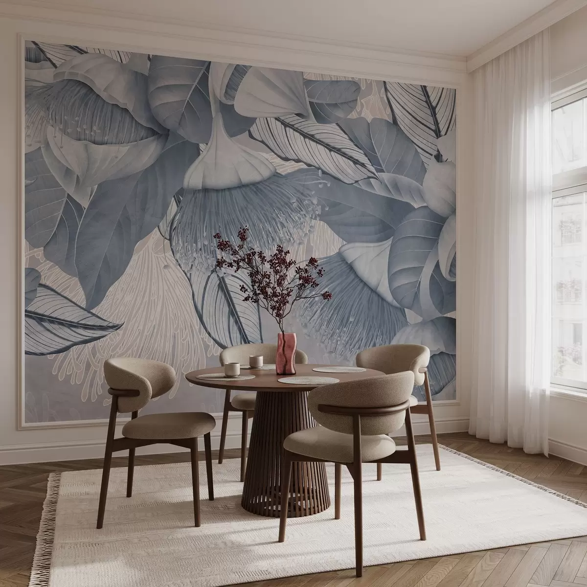 murales de pared Ilustración botánica de grandes flores azules de eucalipto con largos estambres sobre un fondo gris y blanco w08539v1