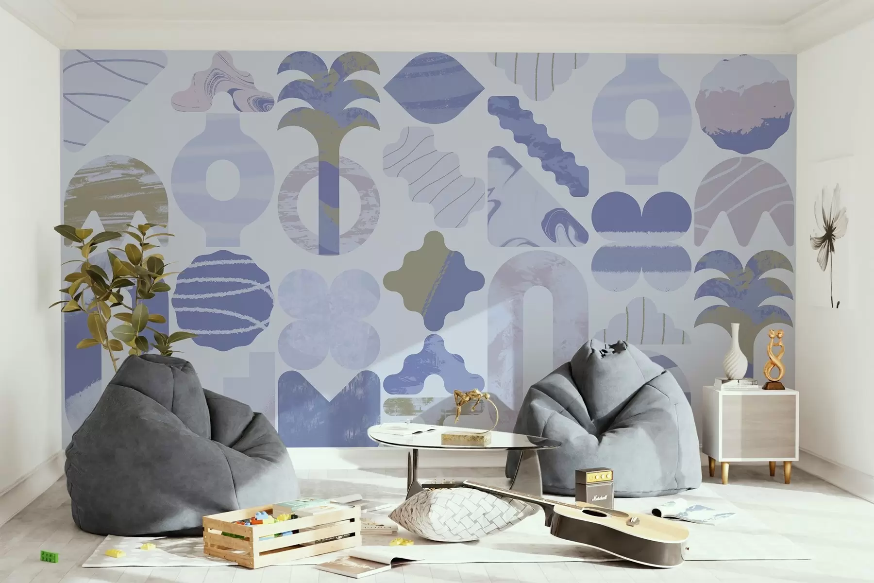 murales de pared varias formas interesantes, geometría moderna en tonos azules w02550v1