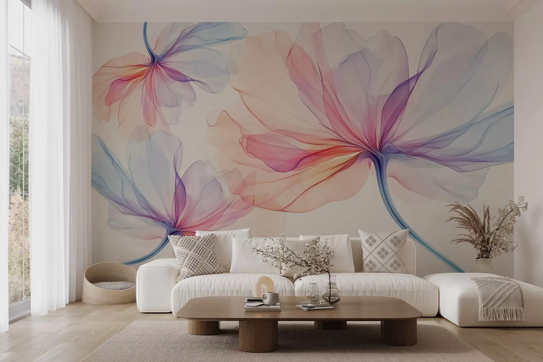 murales de pared flores frescas de color transparente sobre fondo beige w02631