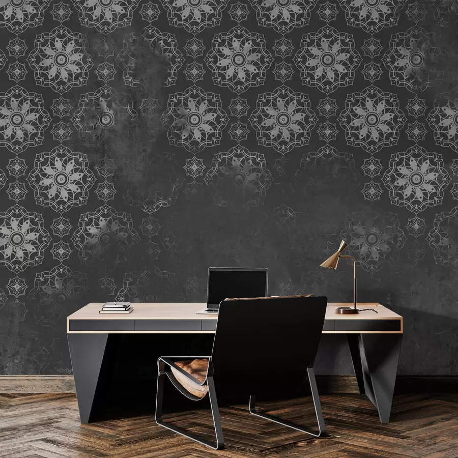 murales de pared Diseño vintage con elementos de mandala y efecto envejecido en gris w02551v1