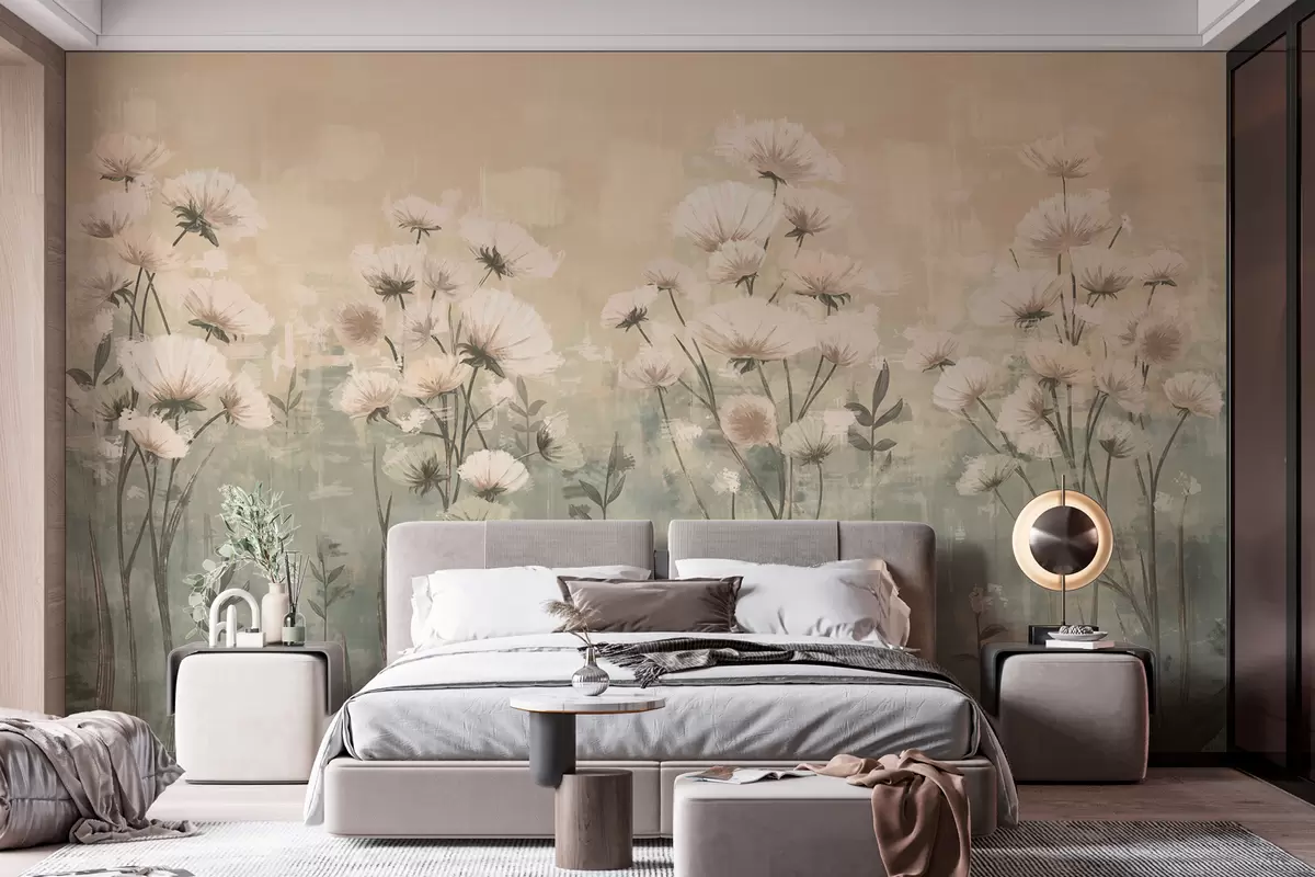 murales de pared Delicadas flores silvestres con efecto de pinceladas en amarillo y beige w02629v1