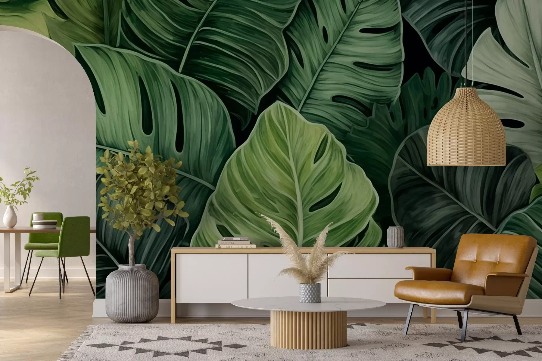 murales de pared Hojas de monstera tropical en diferentes tonos de verde w02579