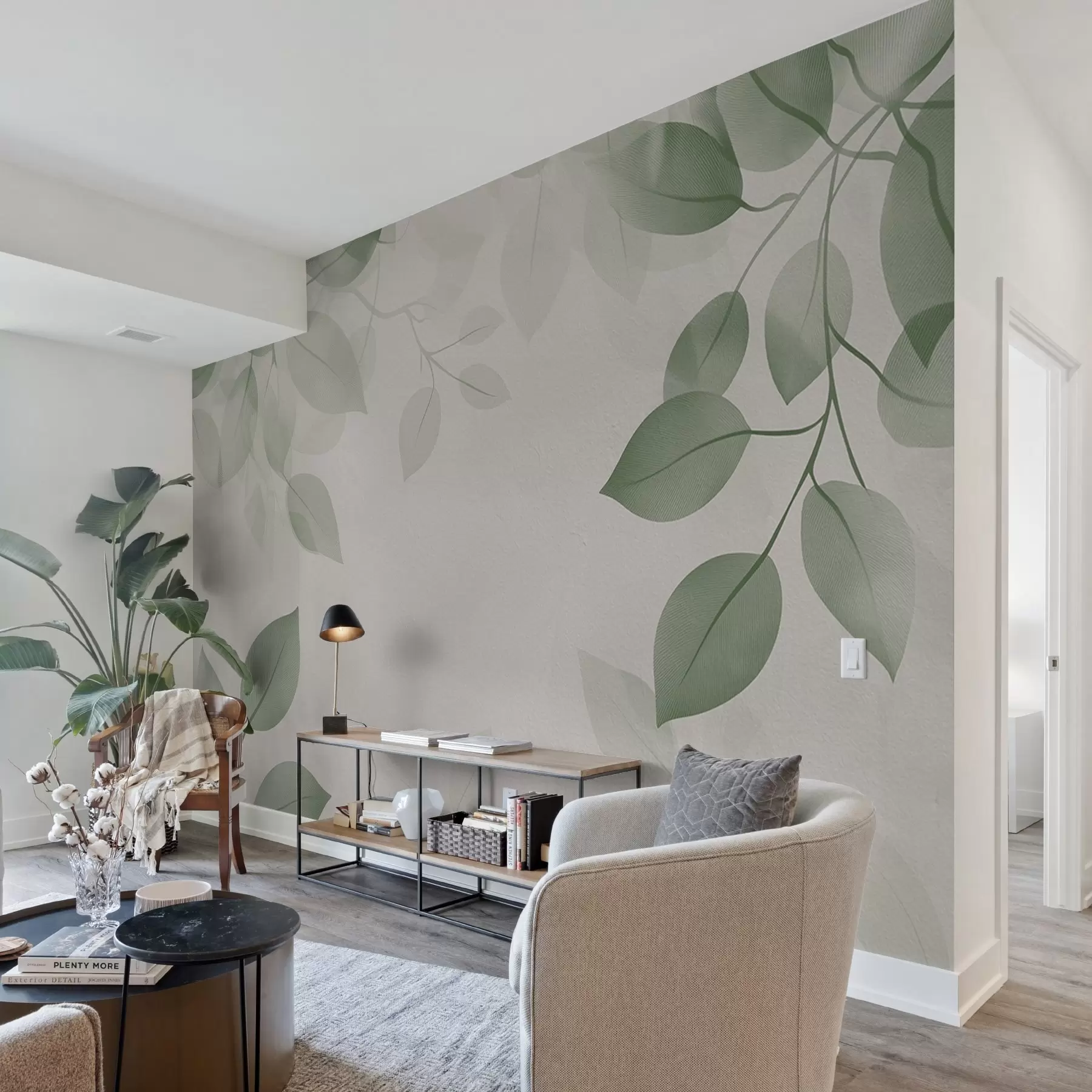 murales de pared Ramas colgantes con hojas en tonos verdes w08551v1