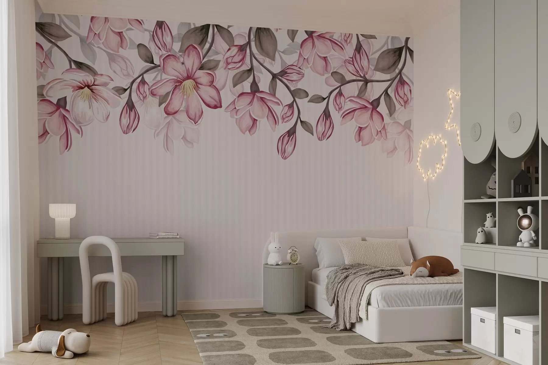 murales de pared flores rosas sobre fondo de rayas w02664