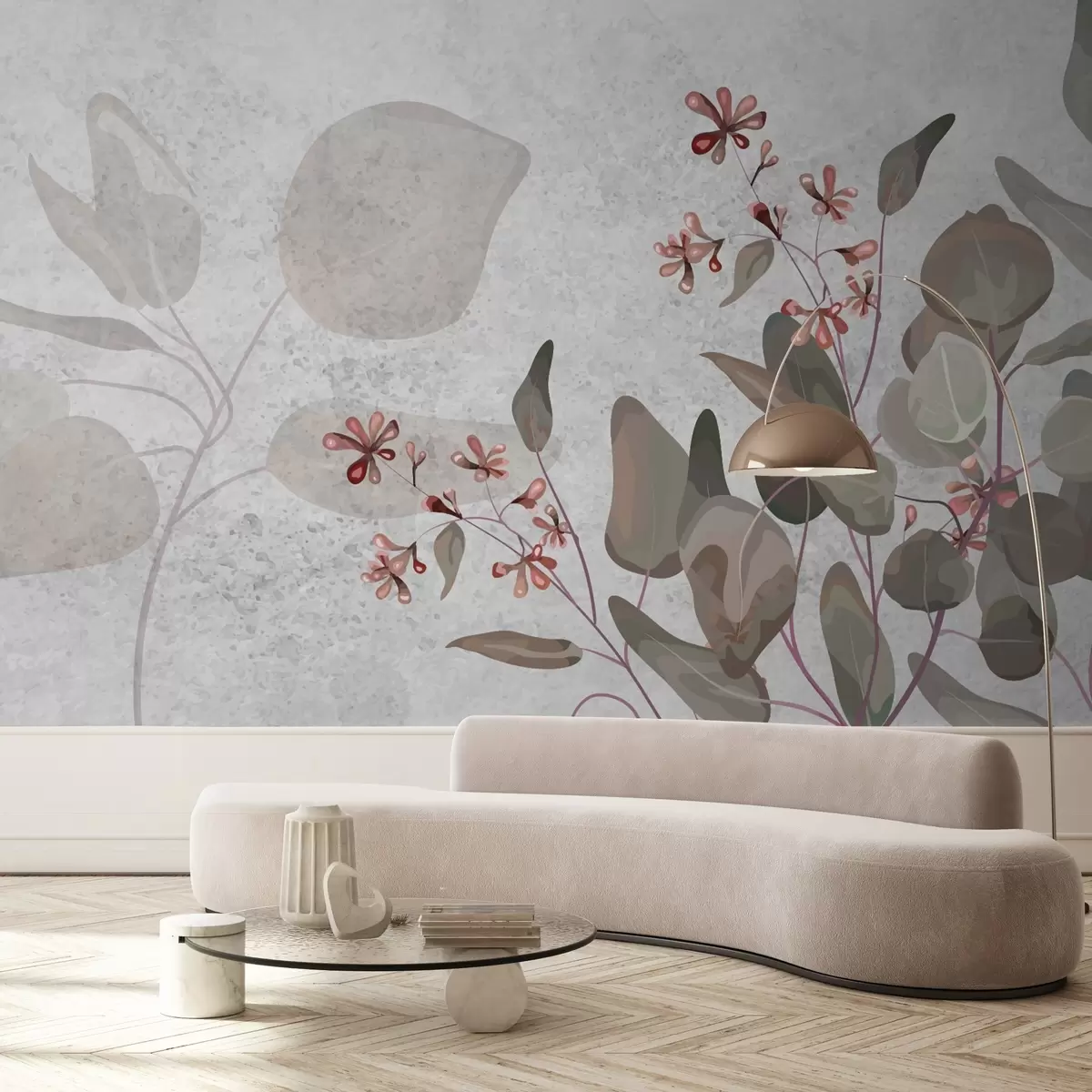 murales de pared hojas y flores sobre fondo gris w02667