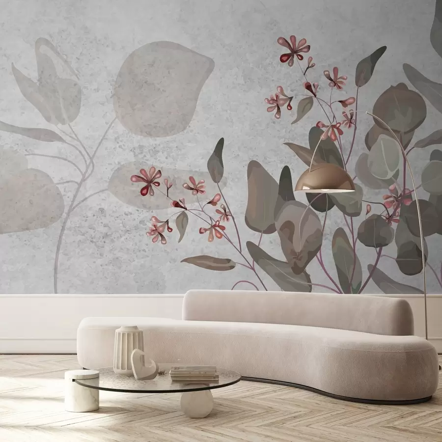murales de pared hojas y flores sobre fondo gris w02667