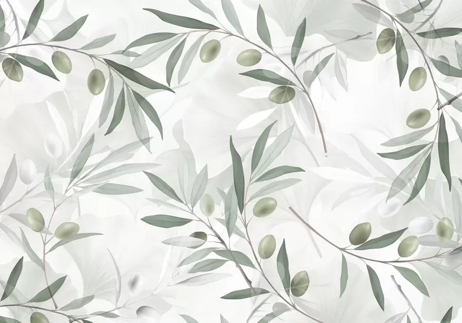 murales de pared Ramas de olivo con hojas verdes y aceitunas sobre fondo claro w08576