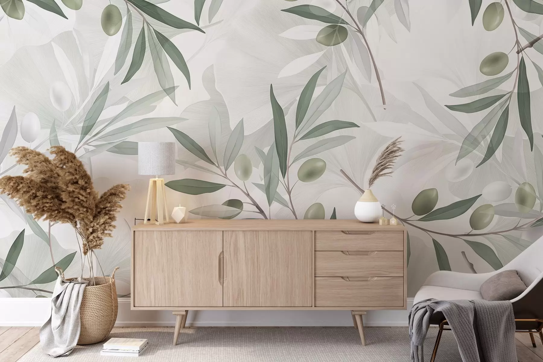 murales de pared Ramas de olivo con hojas verdes y aceitunas sobre fondo claro w08576