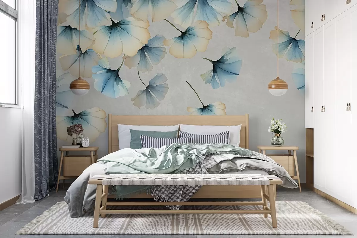 murales de pared Hojas de ginkgo de colores pastel, azules y amarillas, con delicados pétalos flotando en el aire sobre un fondo de texturas w08578v1