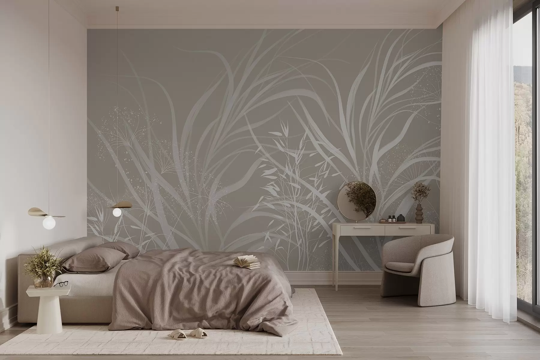 murales de pared Delicado y moderno estampado floral minimalista en blanco sobre fondo beige pastel claro w08583