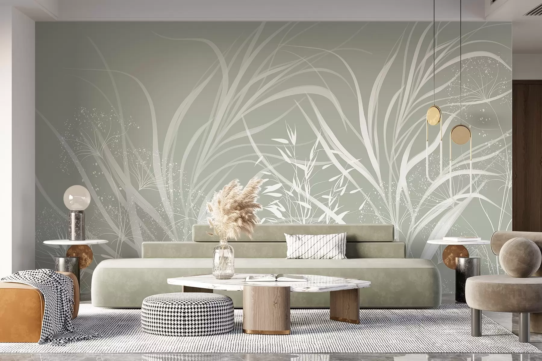 murales de pared Delicado y moderno estampado floral minimalista en blanco sobre fondo verde pastel claro w08583v1