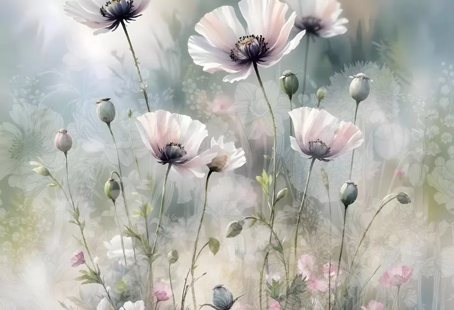 murales de pared Delicadas amapolas rosas y moradas con tallos y capullos verdes sobre un fondo de textura suave y difuminada w08585