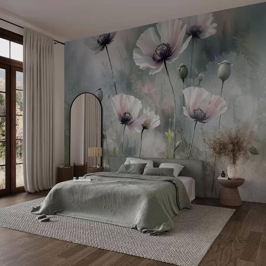 murales de pared Delicadas amapolas rosas y moradas con tallos y capullos verdes sobre un fondo de textura suave y difuminada w08585