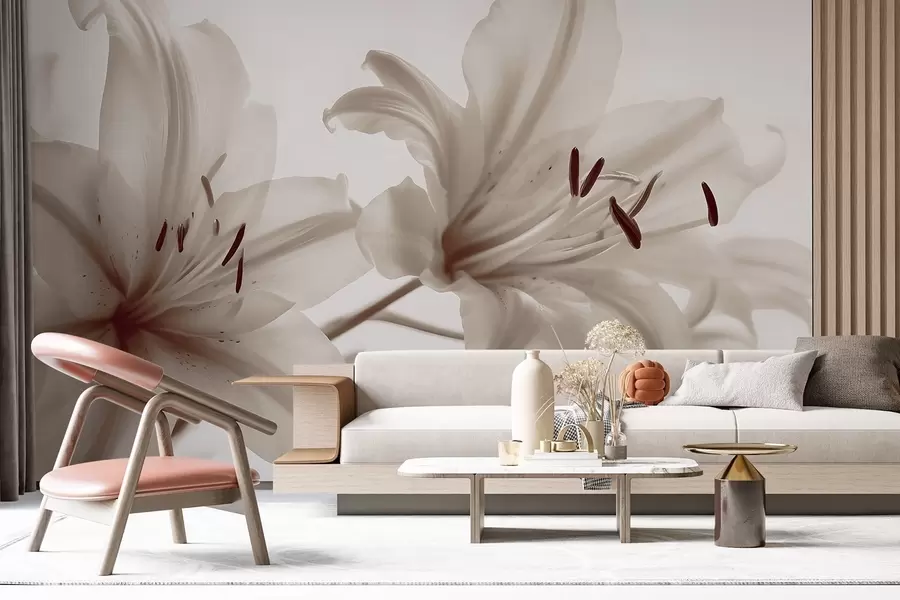 murales de pared Primer plano con enfoque suave de flores de lirio minimalistas de color beige sobre un fondo claro w08586v1