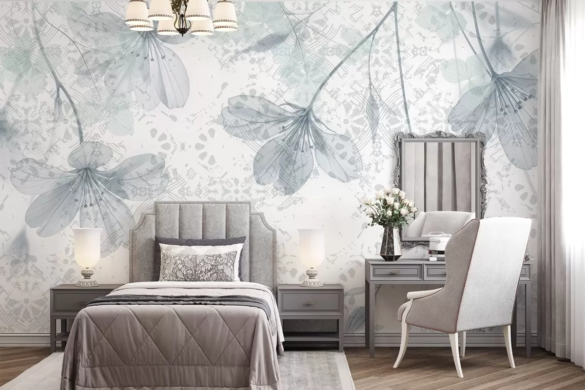 murales de pared Delicadas flores azules y blancas con largos tallos y pétalos sobre un fondo de textura suave y difuminada w08588