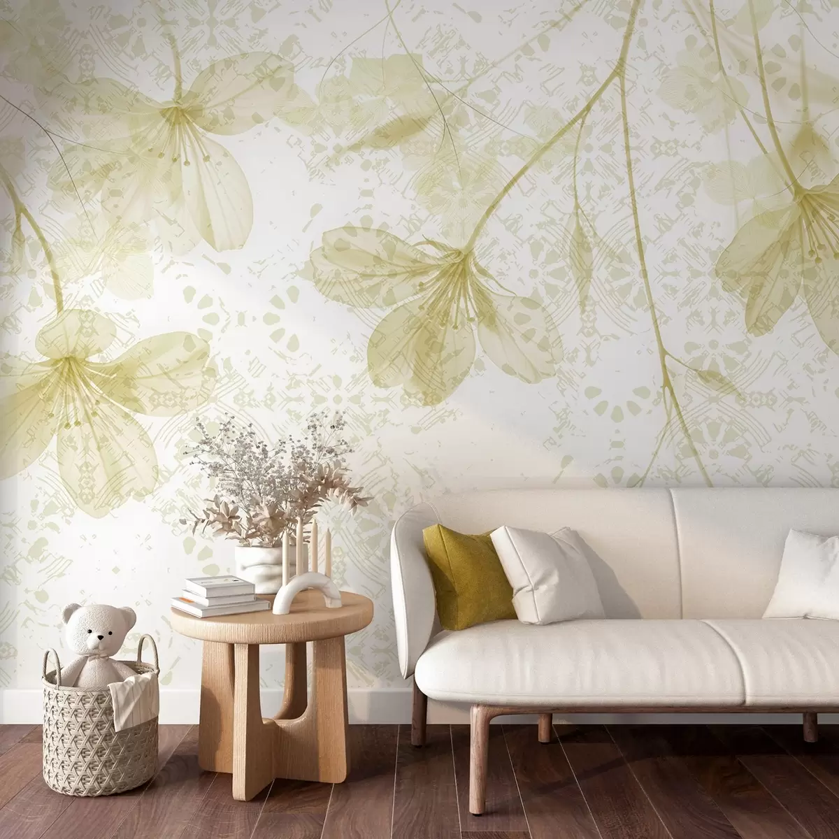murales de pared Delicadas flores amarillas y blancas con largos tallos y pétalos sobre un fondo de textura suave y difuminada w08588v2