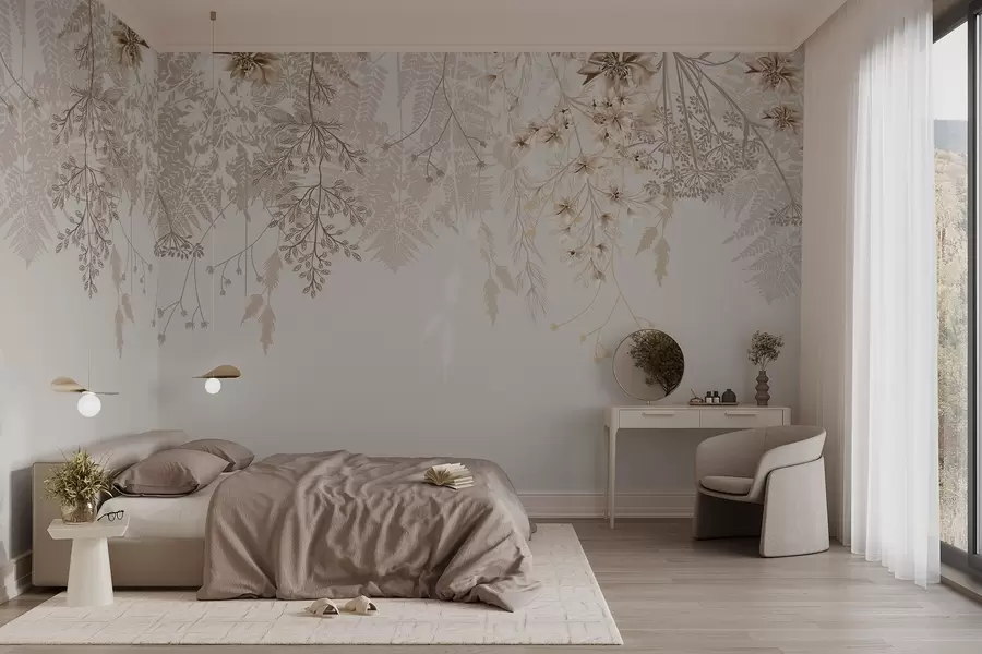 murales de pared Delicadas ramas florales y hierba con flores blancas, grises y beige que caen en cascada sobre un fondo claro w08598