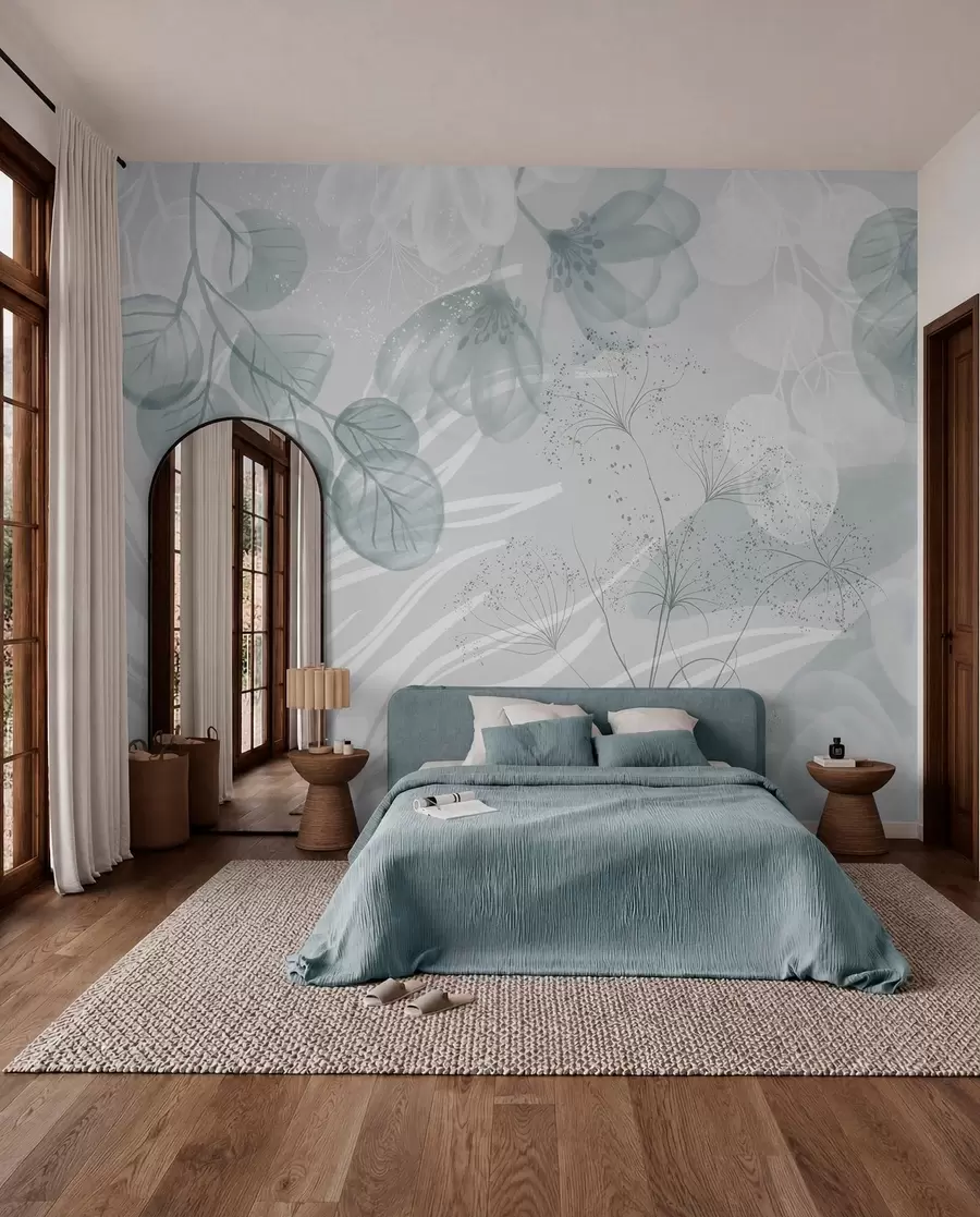 murales de pared Elementos florales de eucalipto en tonos azules y blancos con hojas y pétalos superpuestos de estilo minimalista w08599