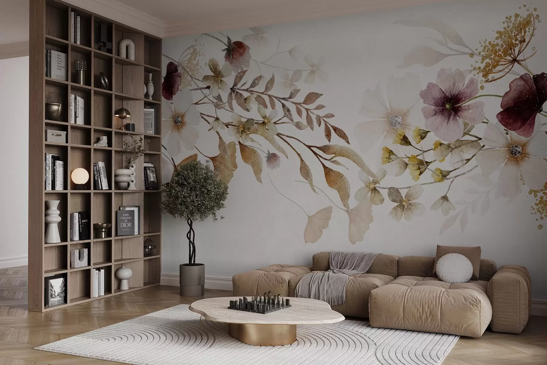 murales de pared Arreglo floral de colores suaves y apagados con flores y hojas de color beige y blanco sobre un fondo claro w08603