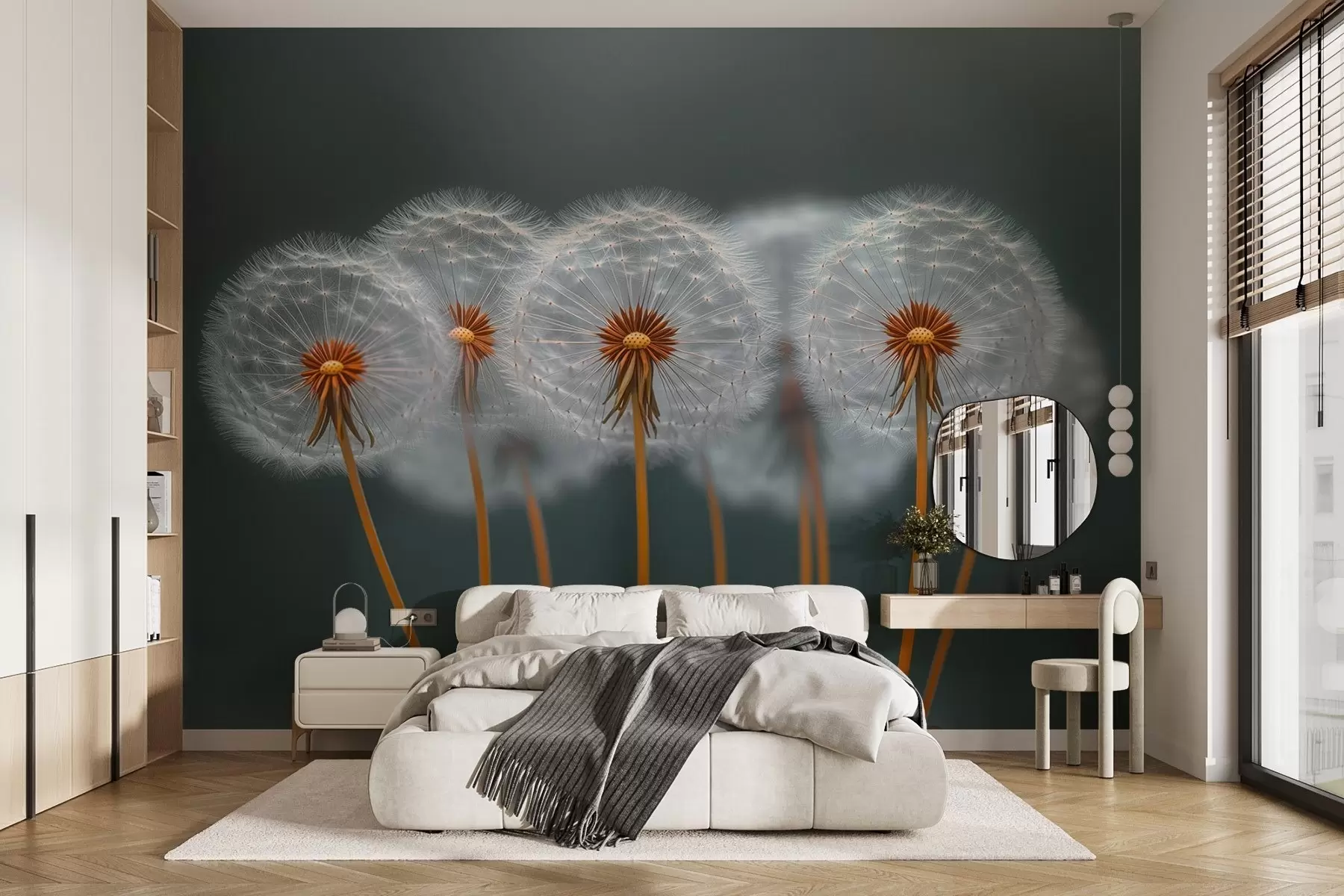 murales de pared Dientes de león aéreos sobre un fondo natural oscuro w08498