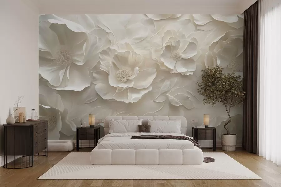 murales de pared Flores aéreas en tonos cálidos sobre un fondo de trazos de hojas w08562