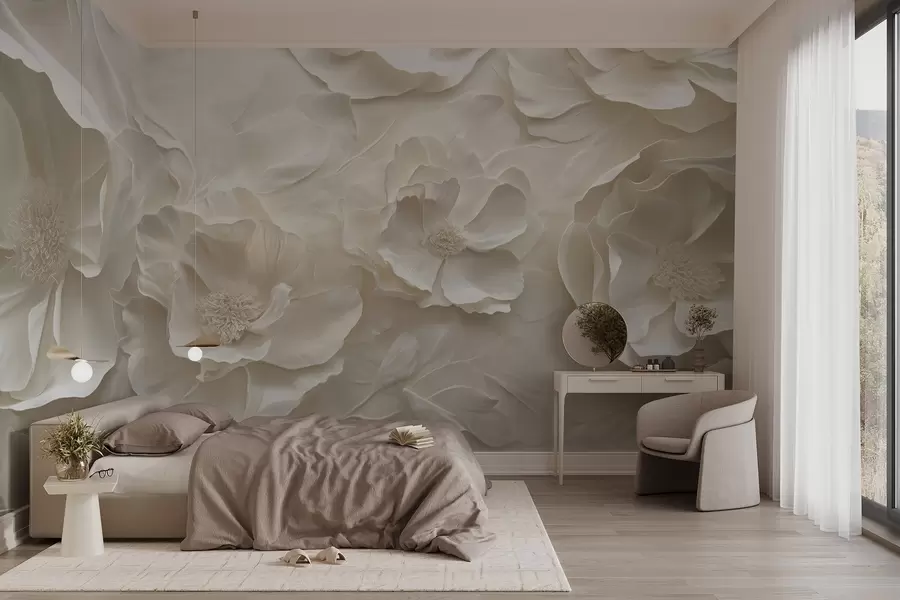 murales de pared Flores aéreas en tonos cálidos sobre un fondo de trazos de hojas w08562