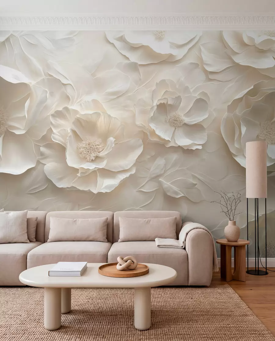 murales de pared Flores aéreas en tonos cálidos sobre un fondo de trazos de hojas w08562