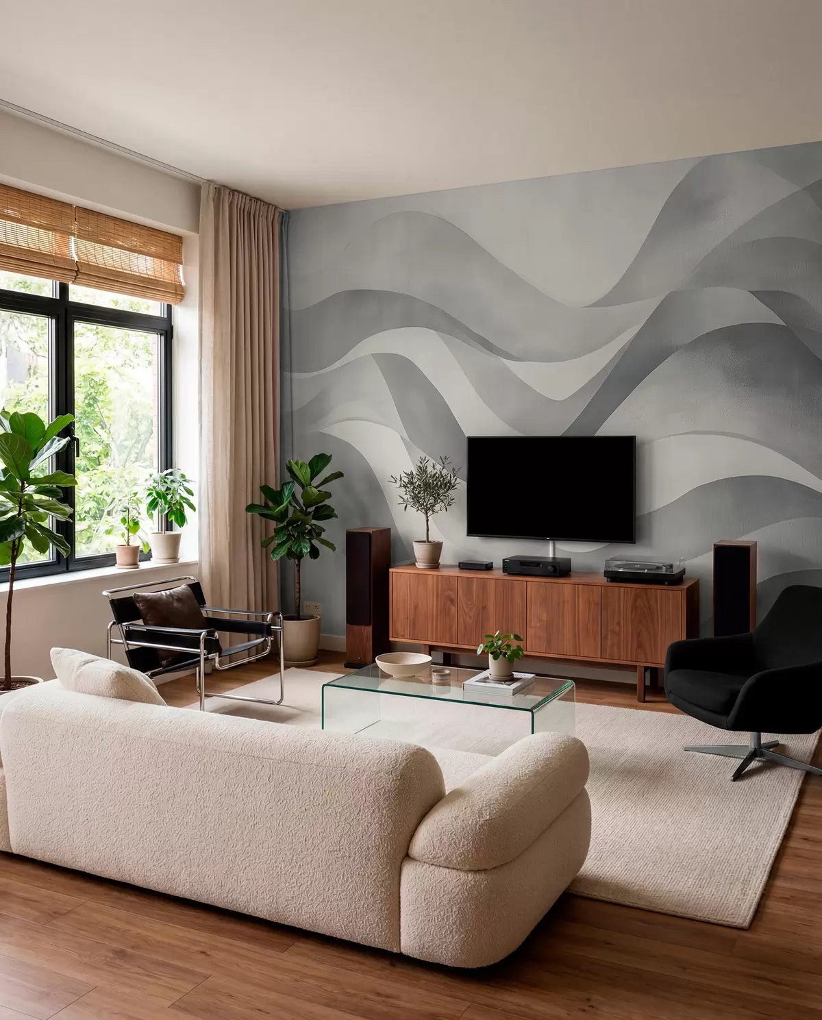 murales de pared Ondas suaves en tonos grises y azules en estilo acuarela w08564v1