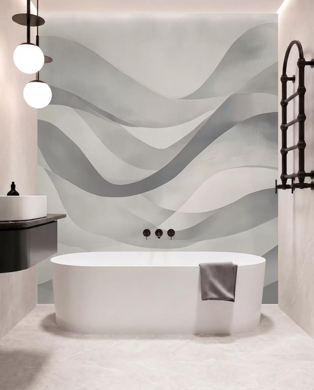 murales de pared Ondas suaves en tonos grises y azules en estilo acuarela w08564v1