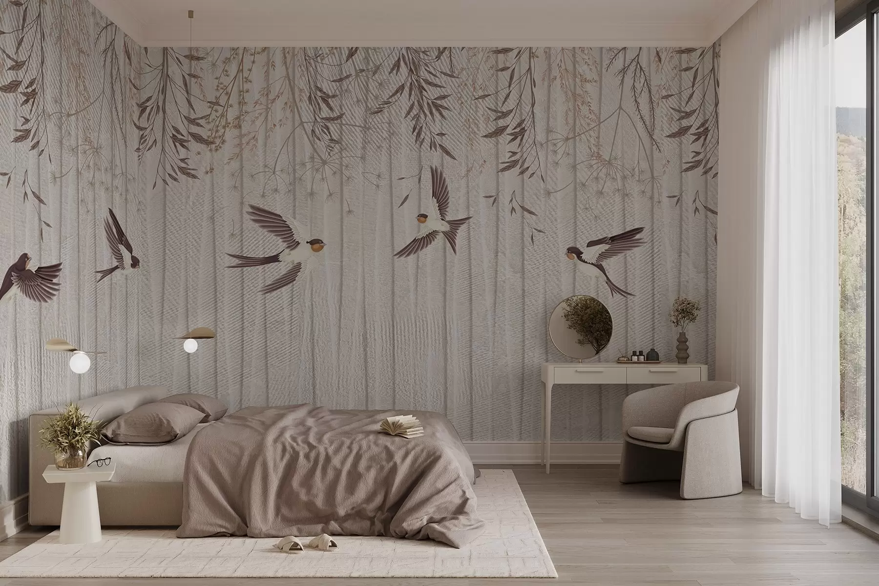 murales de pared Pájaros volando sobre un fondo texturizado con dientes de león y flores w08566