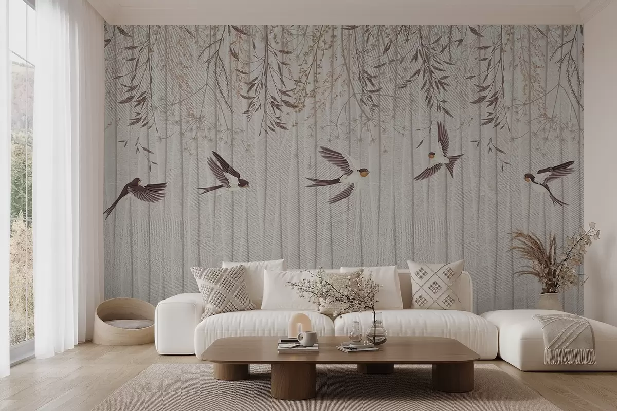 murales de pared Pájaros volando sobre un fondo texturizado con dientes de león y flores w08566