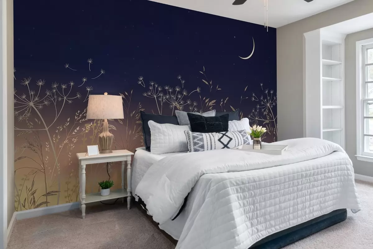 murales de pared Dientes de león con flores silvestres sobre un fondo de puesta de sol con un cielo azul y la luna w08567