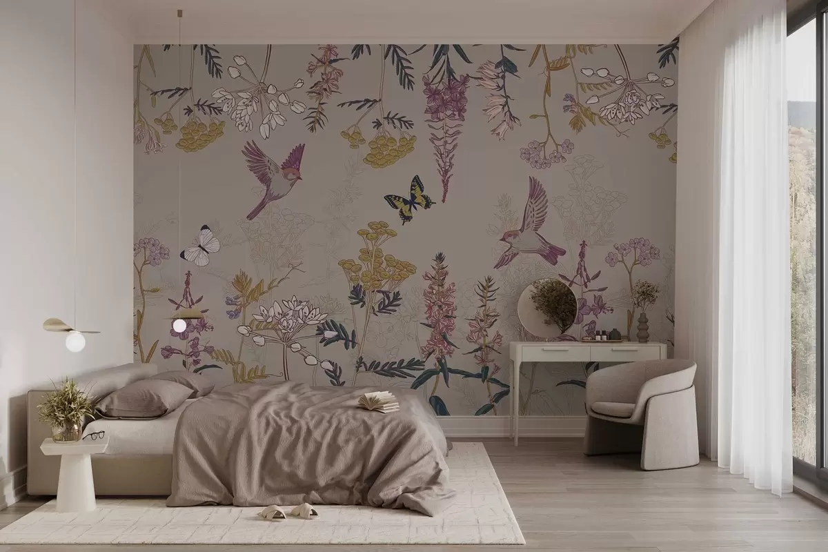 murales de pared un conjunto de flores silvestres y pájaros sobre fondo beige w02634